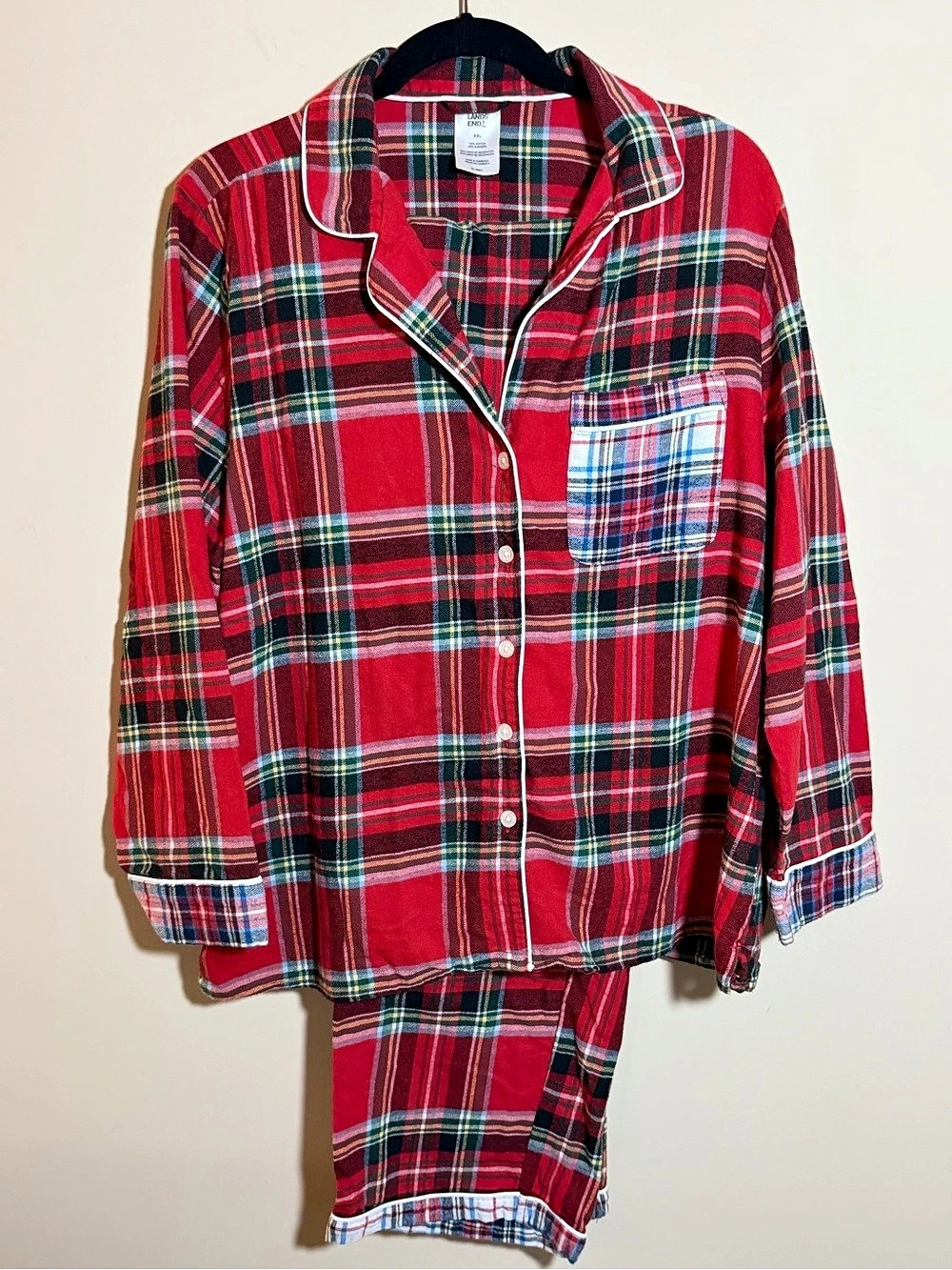 Lands End Womens XXL Red Plaid Flannel Pajama Set 100% Cotton Holiday PJs